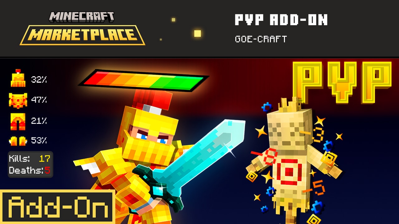 Minecraft Marketplace banner for PvP Add-On Two armored characters face off with swords, stats icons and a health bar shown