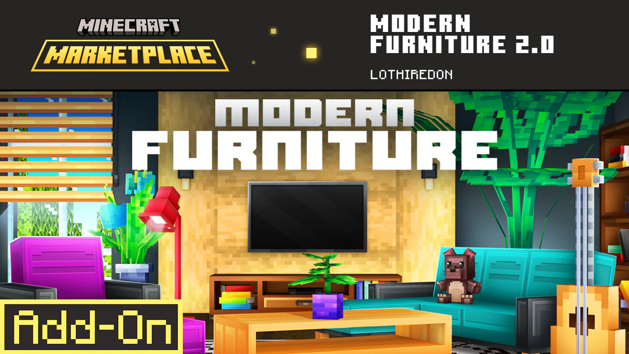 Minecraft Marketplace banner for Modern Furniture 2.0 Add-On A stylish living room with colorful sofas plants lamps and a wall mounted TV
