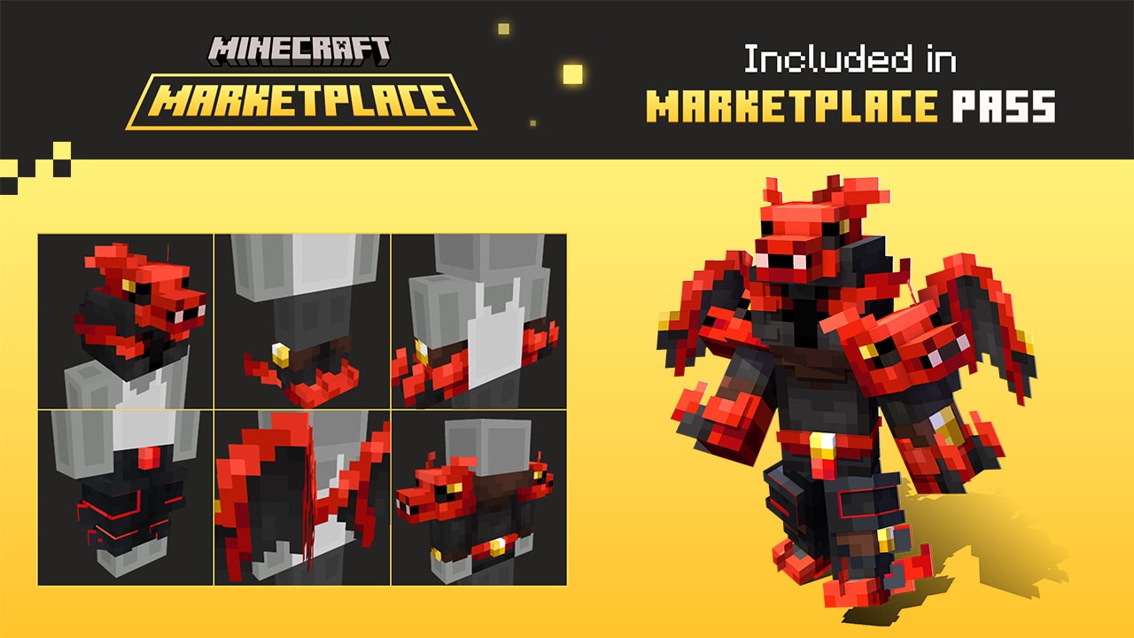 Minecraft Marketplace Pass banner showing a red demon themed armor skin Character model stands beside a grid of close ups highlighting helmet chest arms and legs