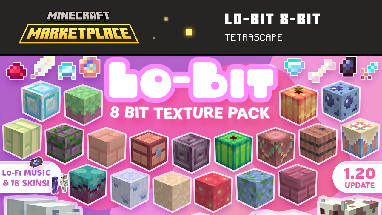 Logo showing the Lo-fi 8 Bit pack, in front of pink background