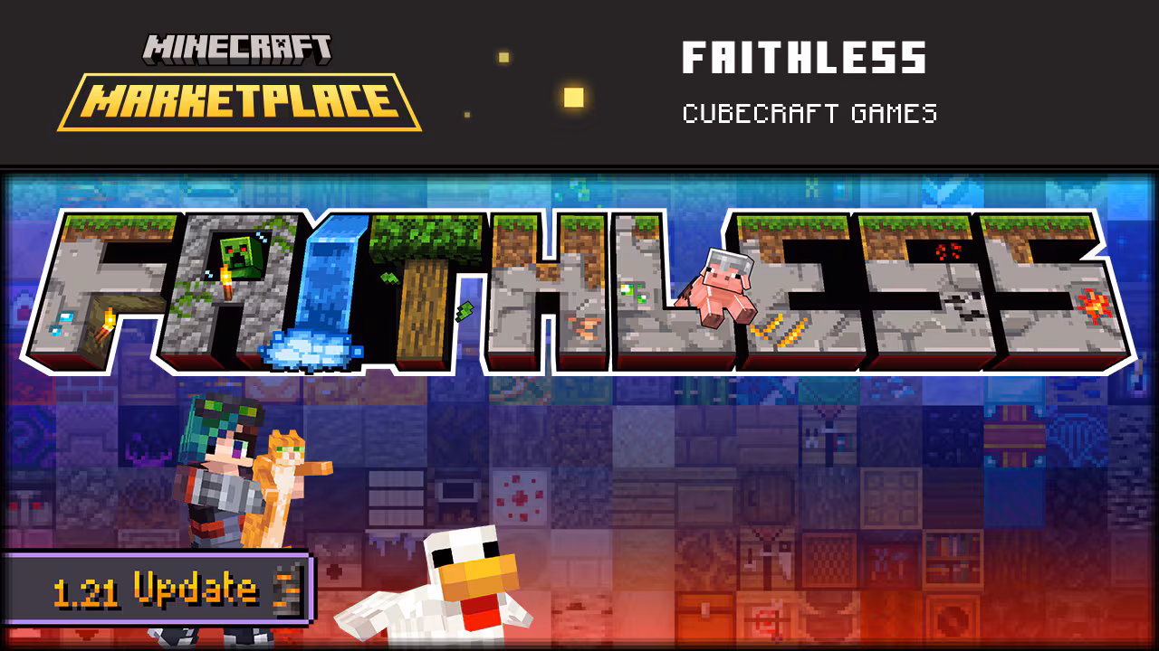 Minecraft Marketplace Faithless texture pack banner with stylized blocky title text and pixel-art mobs, items, and blocks