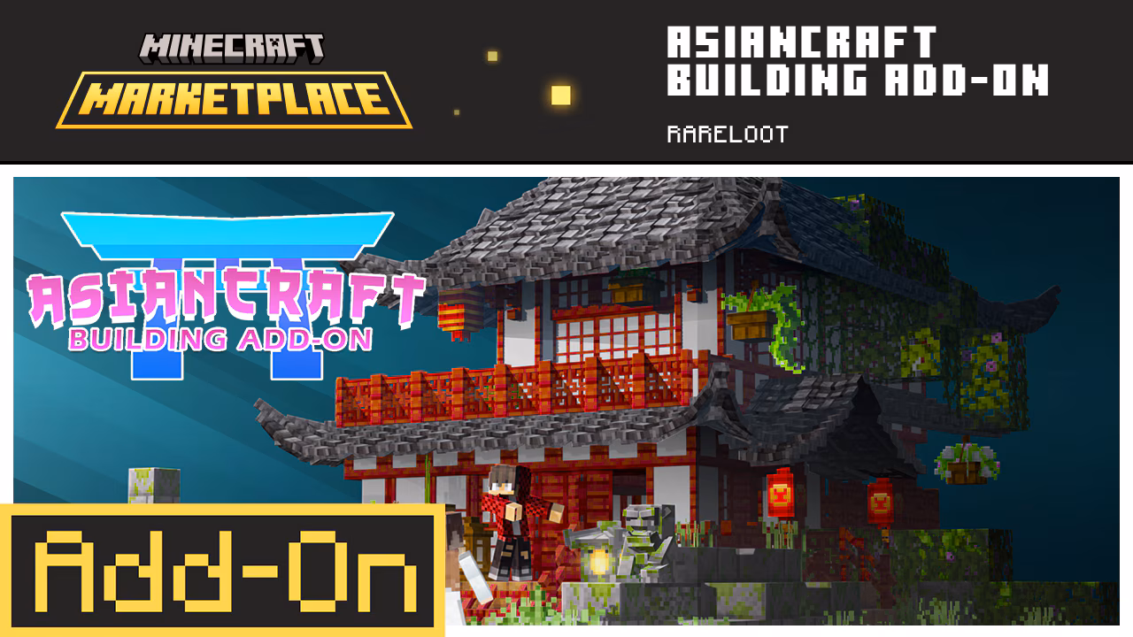 Minecraft Marketplace Asiancraft building add-on banner featuring a detailed East Asian–style wooden house with lanterns