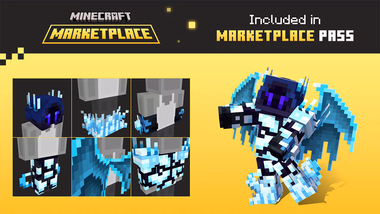Minecraft Marketplace promo showing a glowing blue ice-themed armor set with wings, displayed in item view on the left and worn by a character on the right
