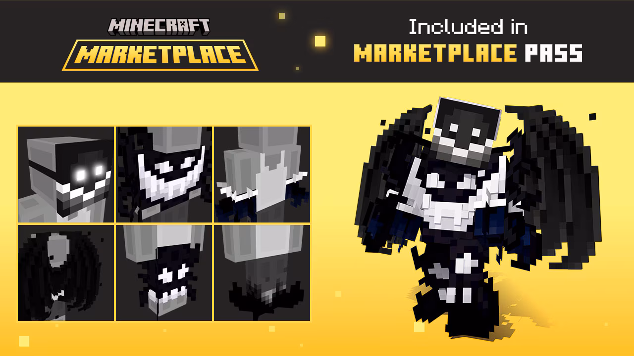 A black-and-white winged character creator outfit is shown alongside close-up views of its accessories and details.