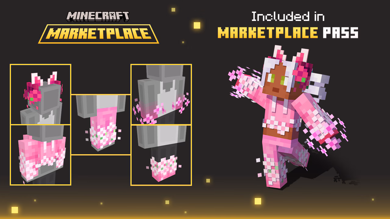 Minecraft Marketplace Pass skin showcase featuring a pink themed character with matching armor pieces displayed alongside the full model