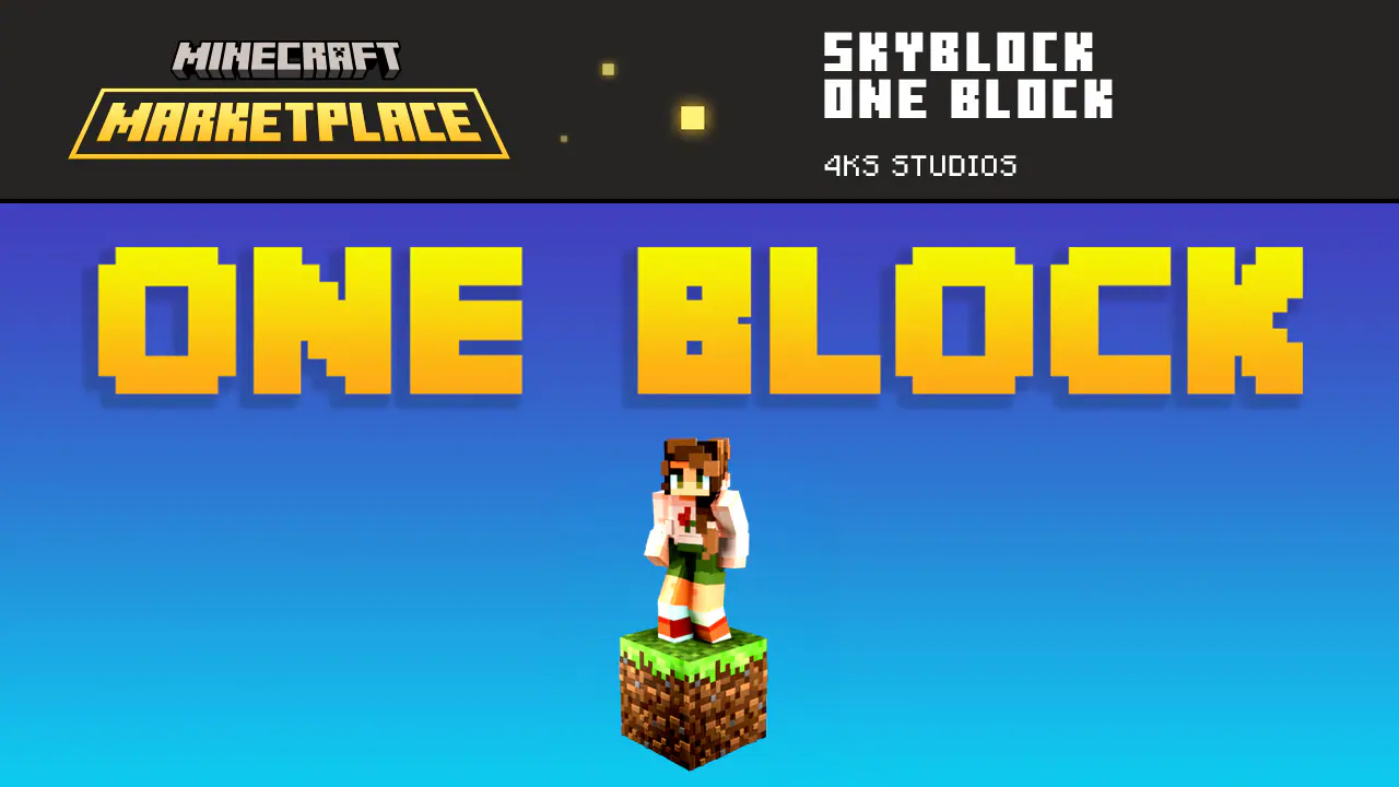 Minecraft Marketplace Skyblock One Block poster featuring bold yellow title text and a player standing on a single grass block against a blue background