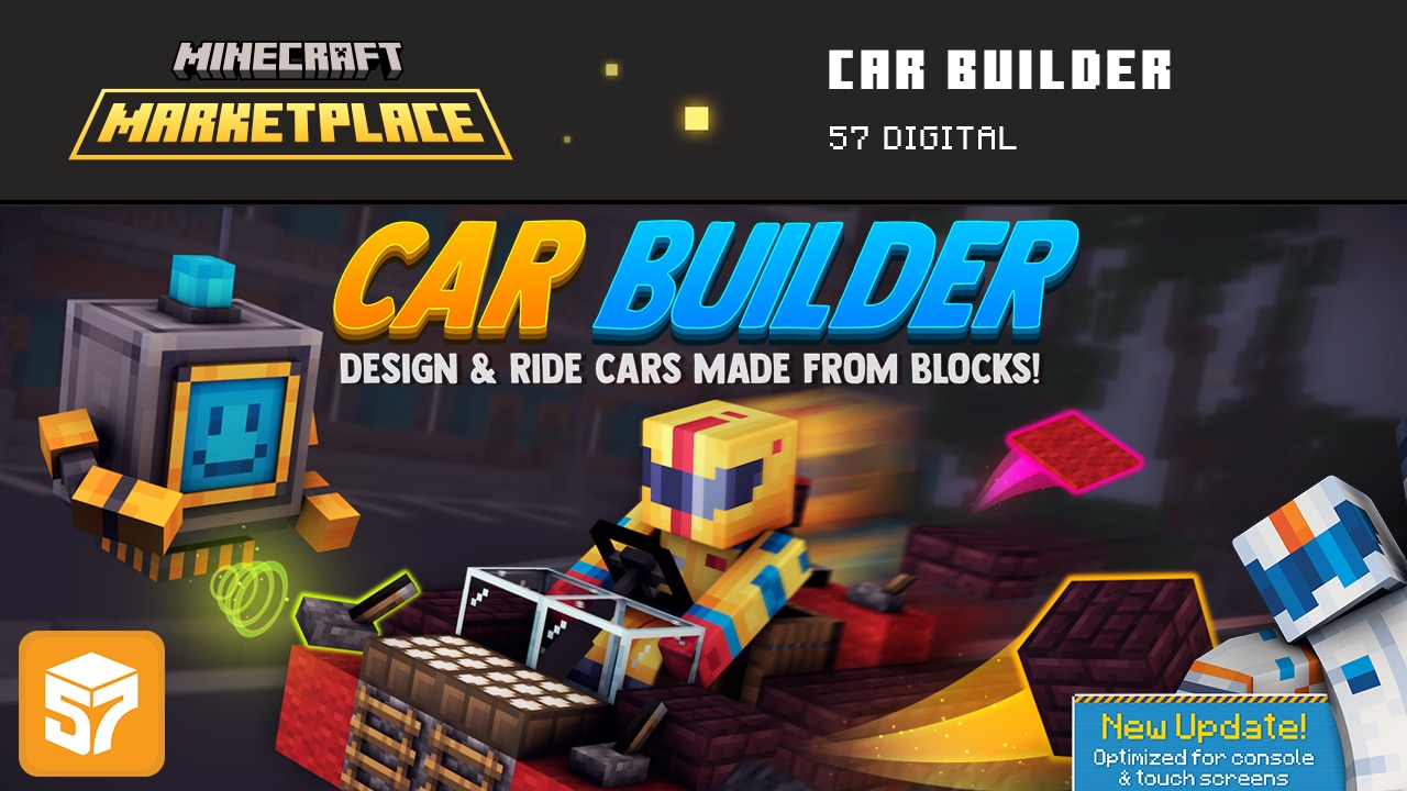 Minecraft Marketplace Car Builder poster featuring bold orange and blue title text with a player driving a blocky car, a floating robot, and another character on the side