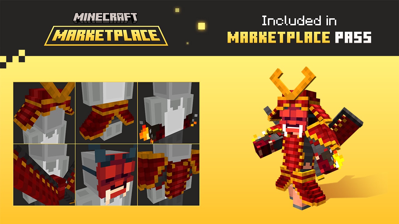 Minecraft Marketplace promo featuring a fiery red samurai-themed armor set with golden horns and glowing details, included in Marketplace Pass