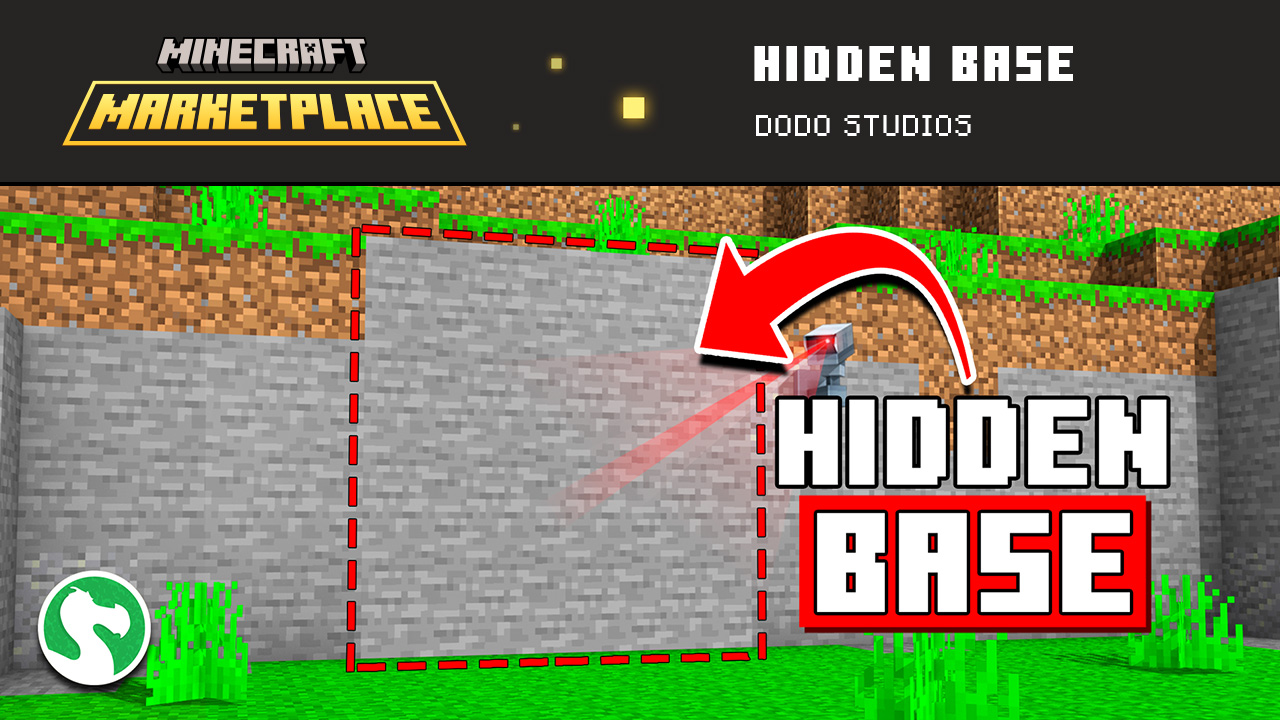 A stone wall with an arrow pointing to a red square with the text "Hidden base"