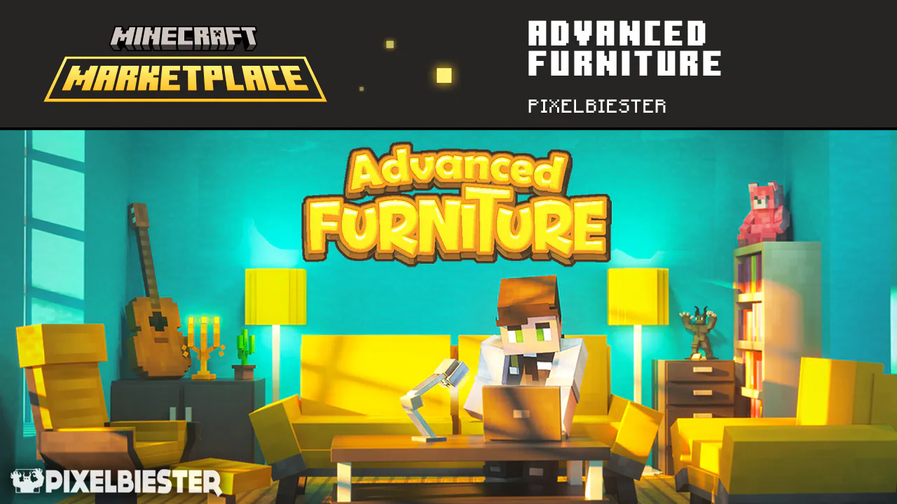 Minecraft Marketplace Advanced Furniture add-on poster showing a player on a yellow sofa using a laptop in a modern living room