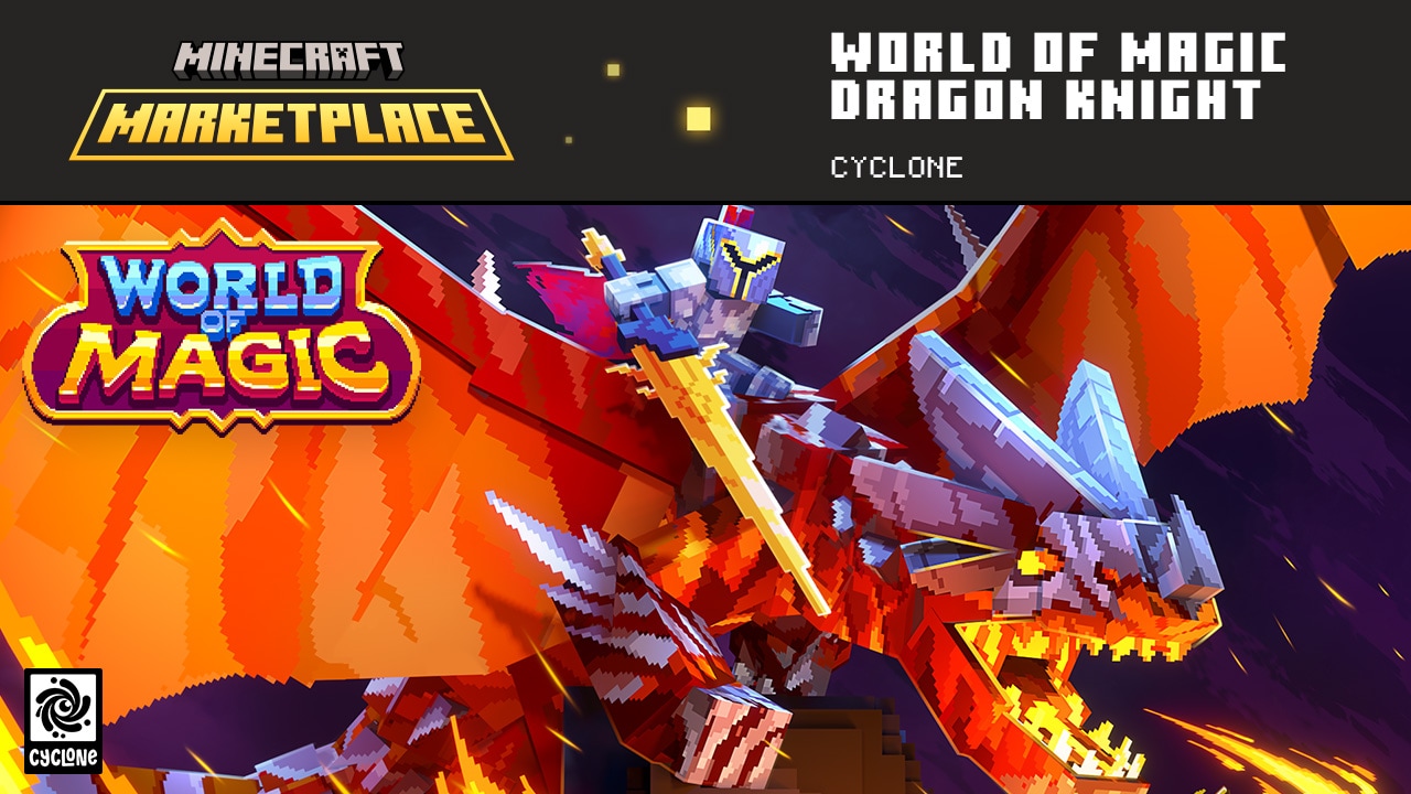 Minecraft Marketplace World of Magic: Dragon Knight poster featuring a knight riding a red dragon with a golden sword