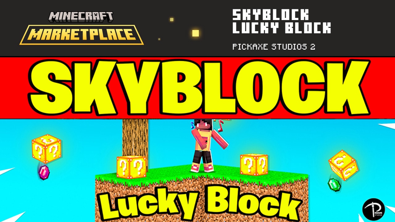 Minecraft Marketplace Skyblock Lucky Block poster featuring a player on a floating island with yellow question-mark blocks and gems