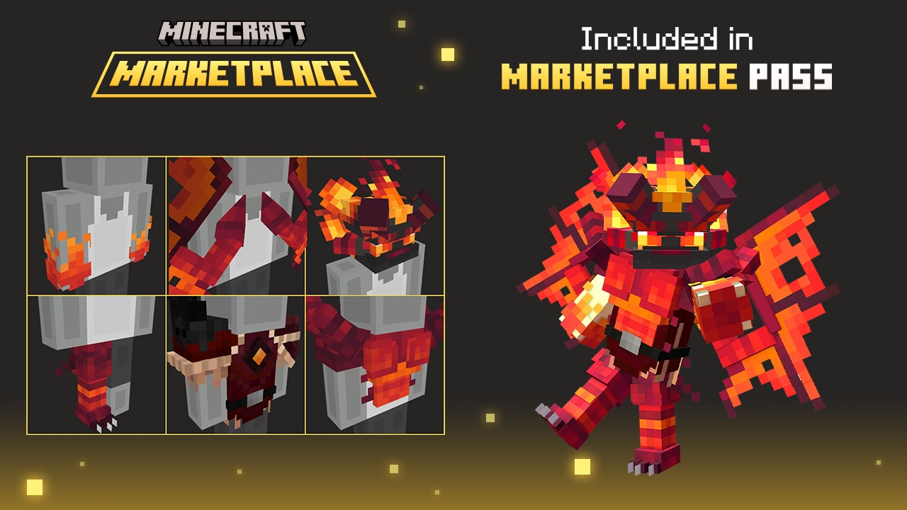 Minecraft Marketplace promo showing a fiery red dragon-themed armor set with wings and glowing details, included in Marketplace Pass
