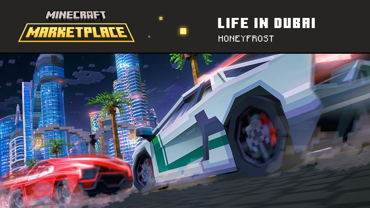 Two sports cars racing below tall sky scrapers at night