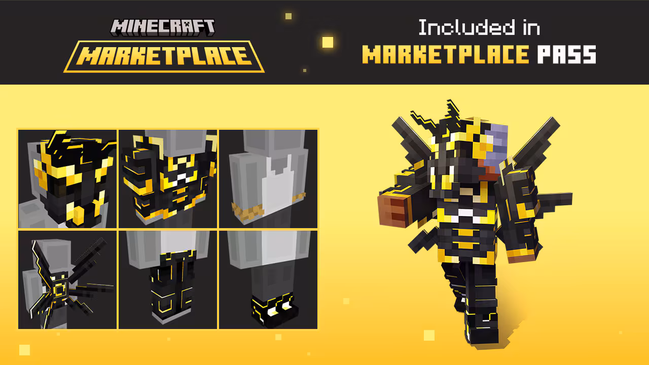 Minecraft Marketplace Pass image showing dark gold Character Creator items, including armor, mask, wings, and accessories.
