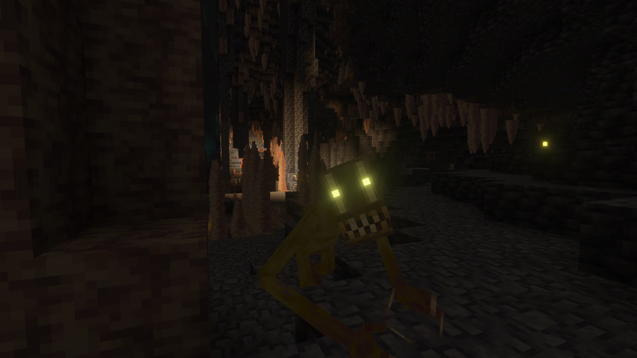 A long-limbed creature with glowing yellow eyes and exposed teeth crawls through a dark Minecraft cavern.