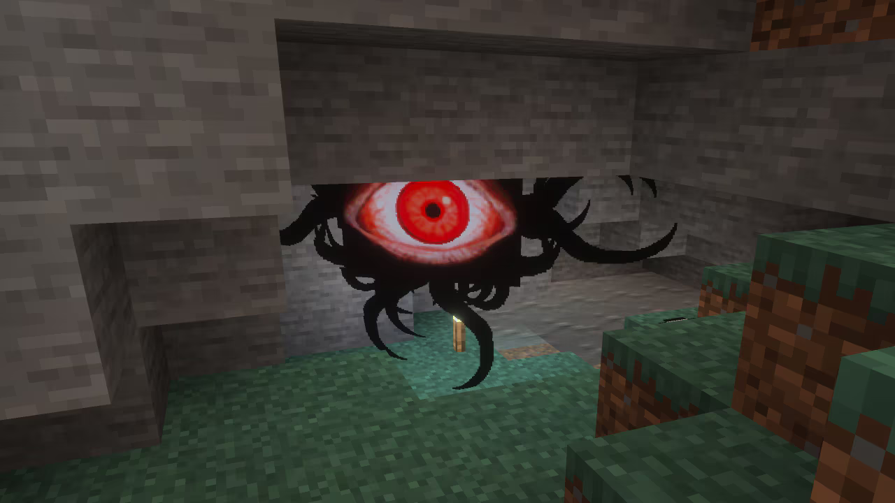 A giant red eye surrounded by shadowy tentacles peers from a rocky Minecraft cave above a single torch.