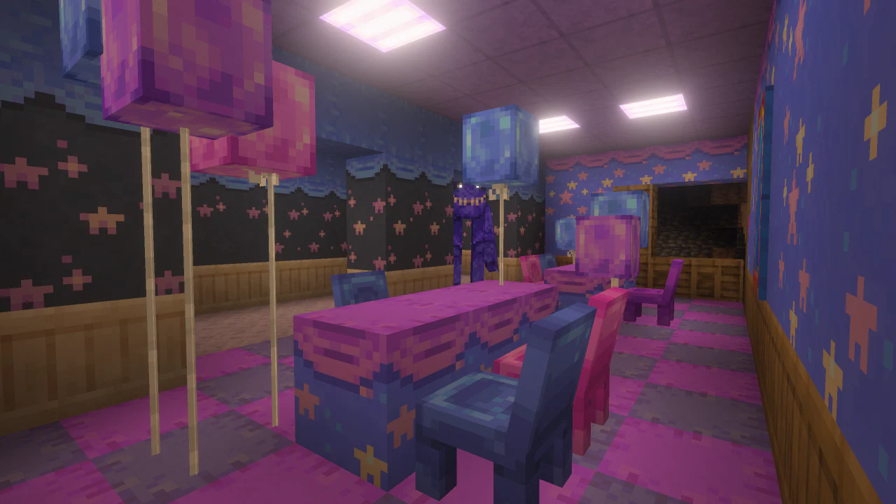 A purple creature stands inside a brightly colored room filled with tables, chairs, balloons, and patterned walls.