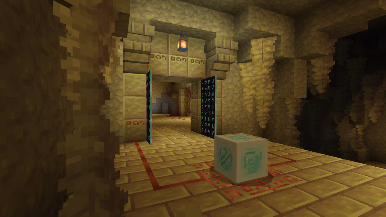 An underground chamber made of sulfur with a large open door, hanging lanterns, and a sulfur cube resting on a marked area on the ground..