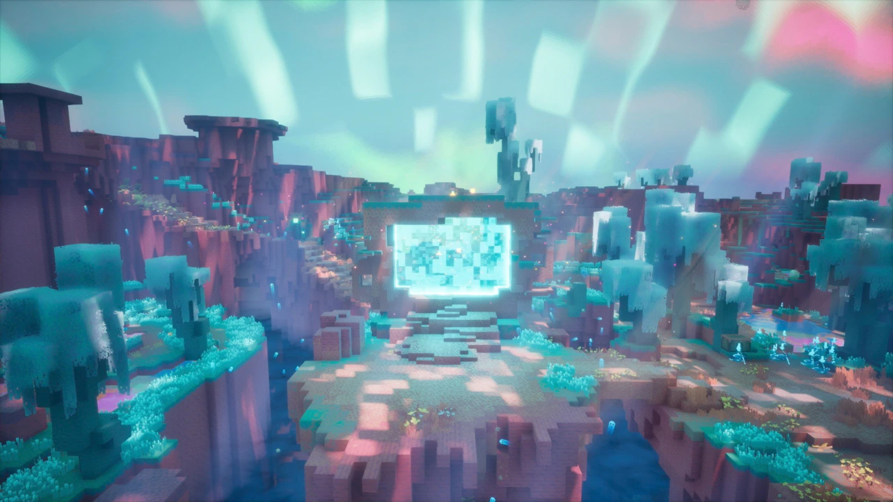 Glowing blue portal surrounded by icy turquoise vegetation in a colorful canyon landscape.