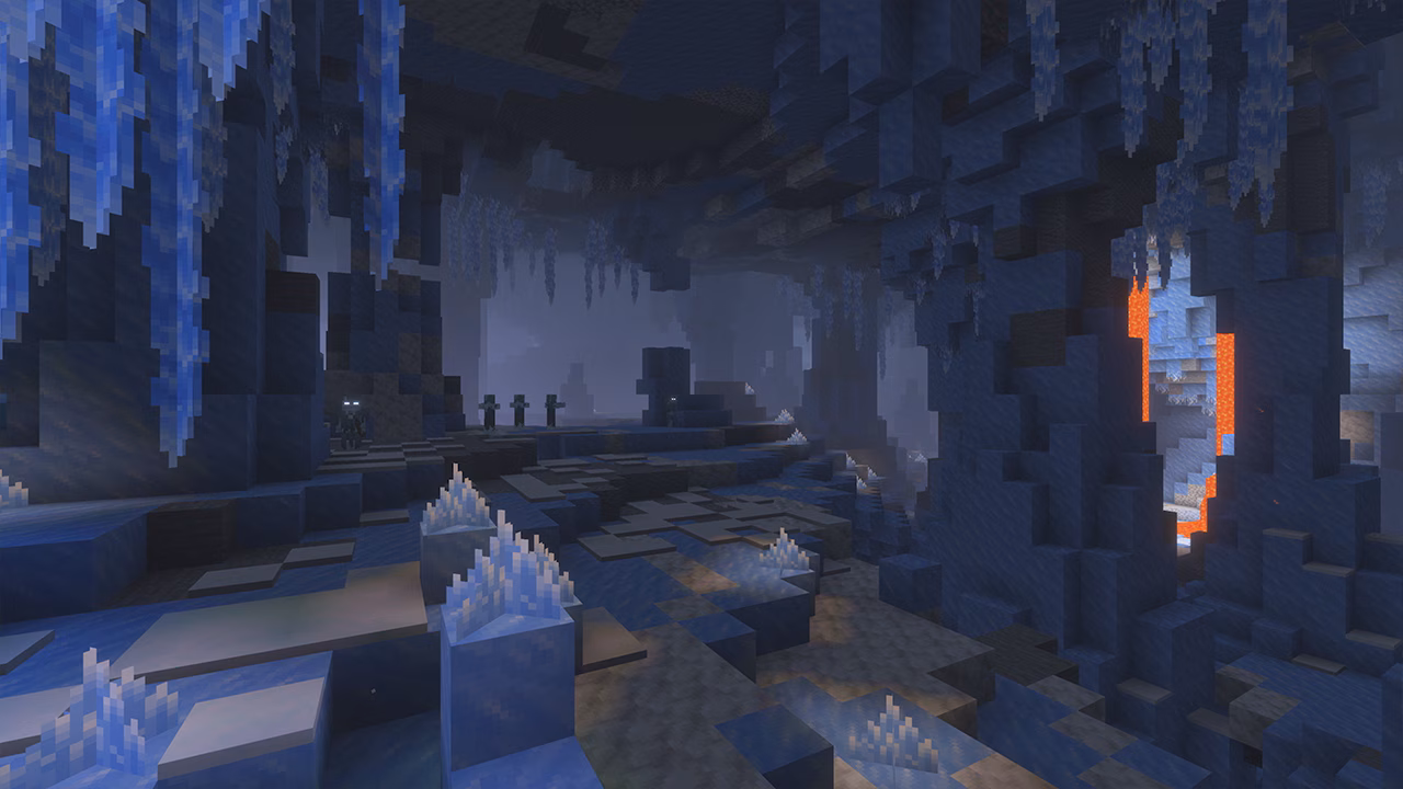 Dark Minecraft ice cave with hanging icicles, frozen terrain, distant mobs, and a lava-lit opening.