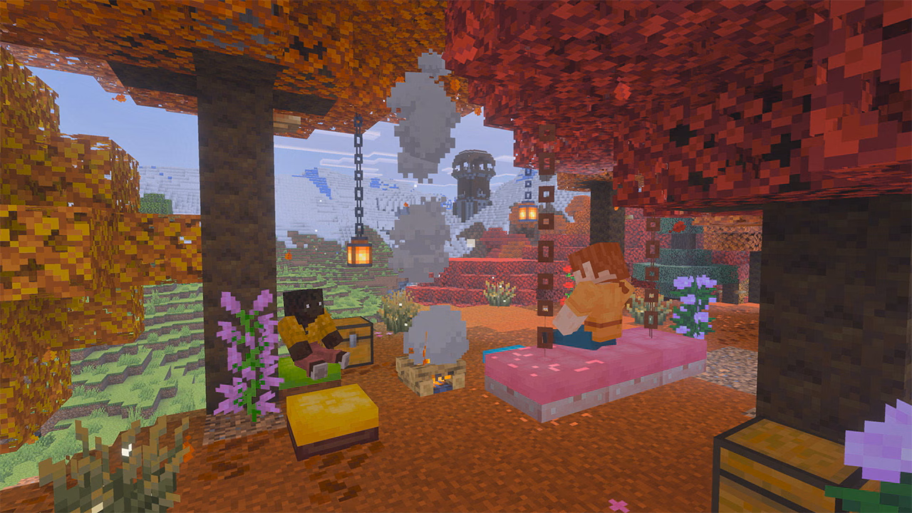 Two Minecraft characters camping beneath colorful autumn trees, with snowy mountains and a tower in the distance.
