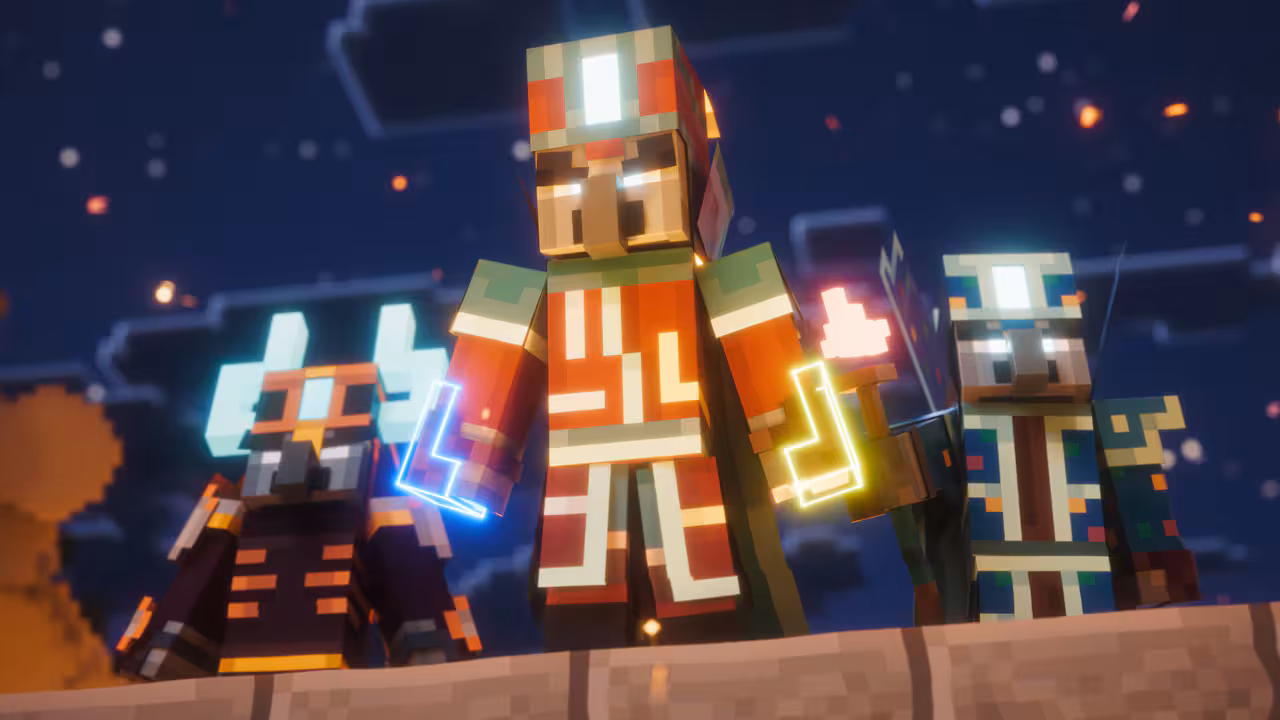 The Illager High Council facing the viewer while a fire is burning below them out of frame.