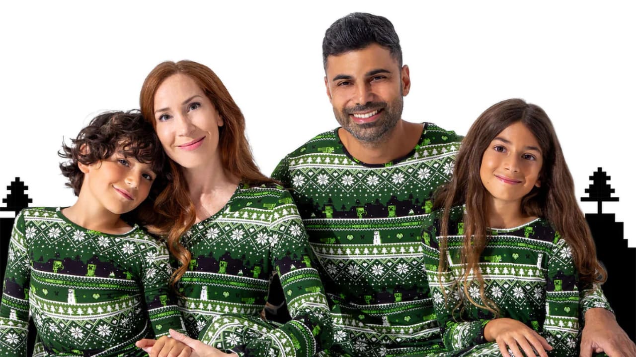 A family wearing matching Minecraft PJs