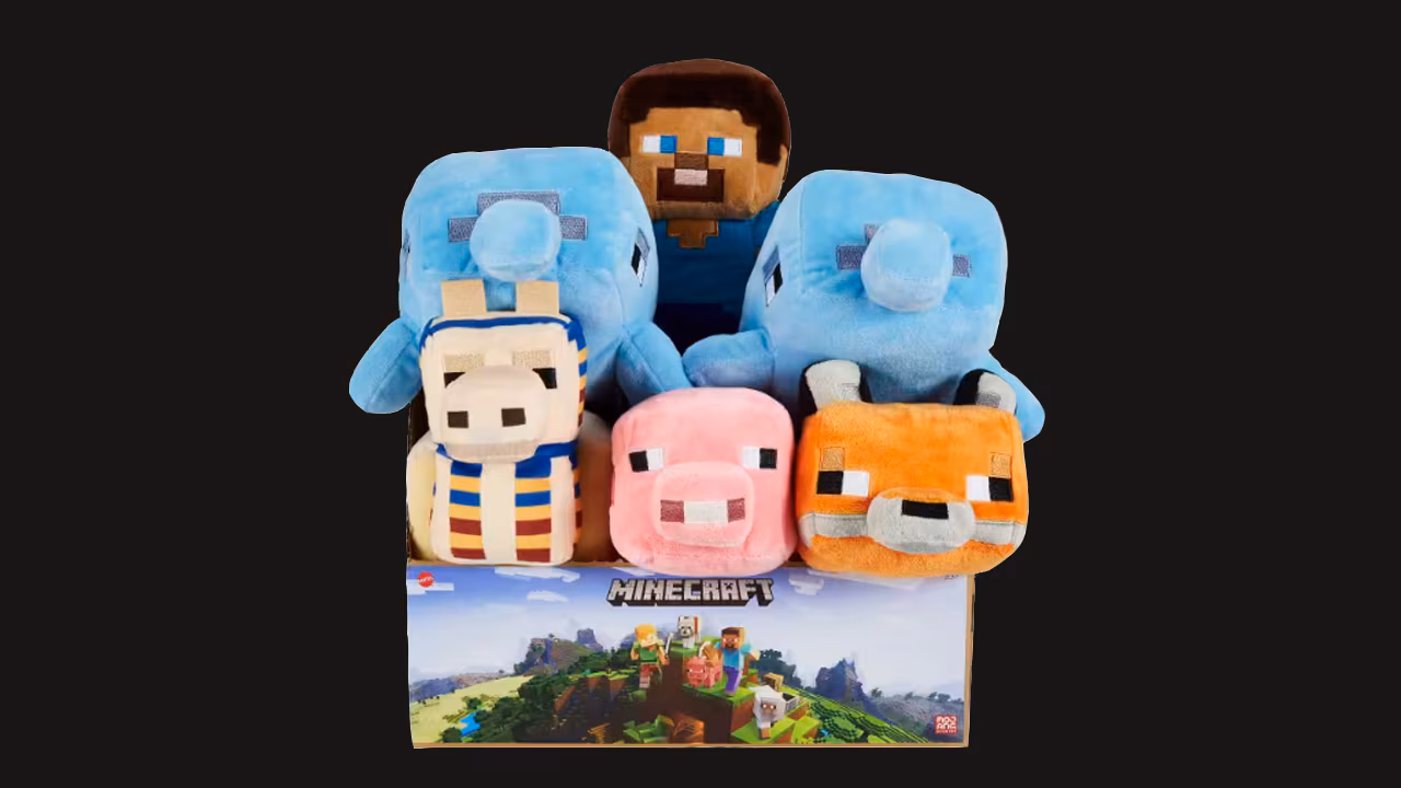 A box with an assortment of Minecraft plushies