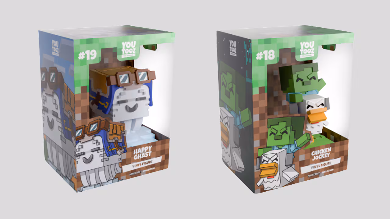 Two Minecraft YouTooz figurines (chicken jockey and happy ghast) in their boxes