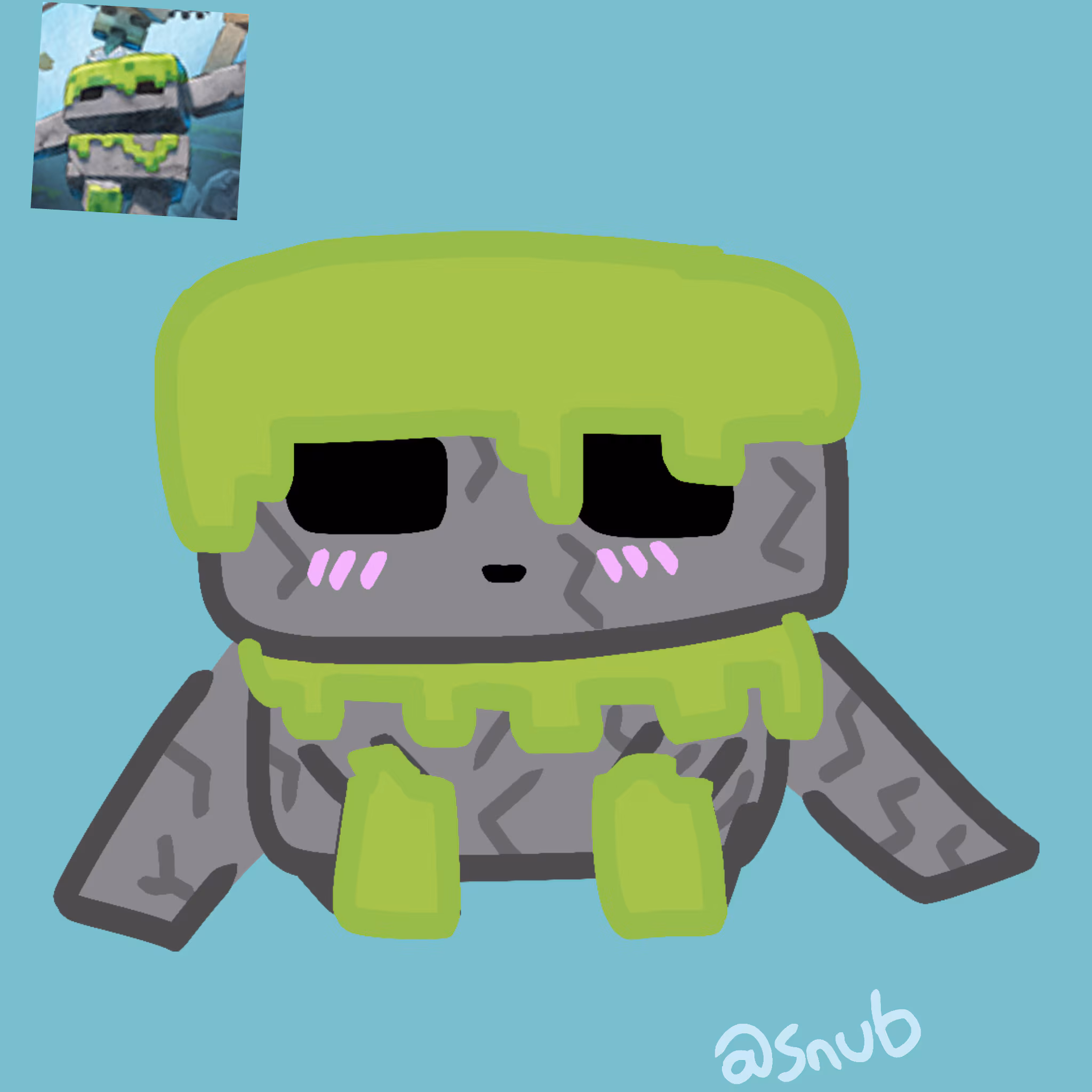 Digital drawing of a golem from Minecraft with shades of grey and greens