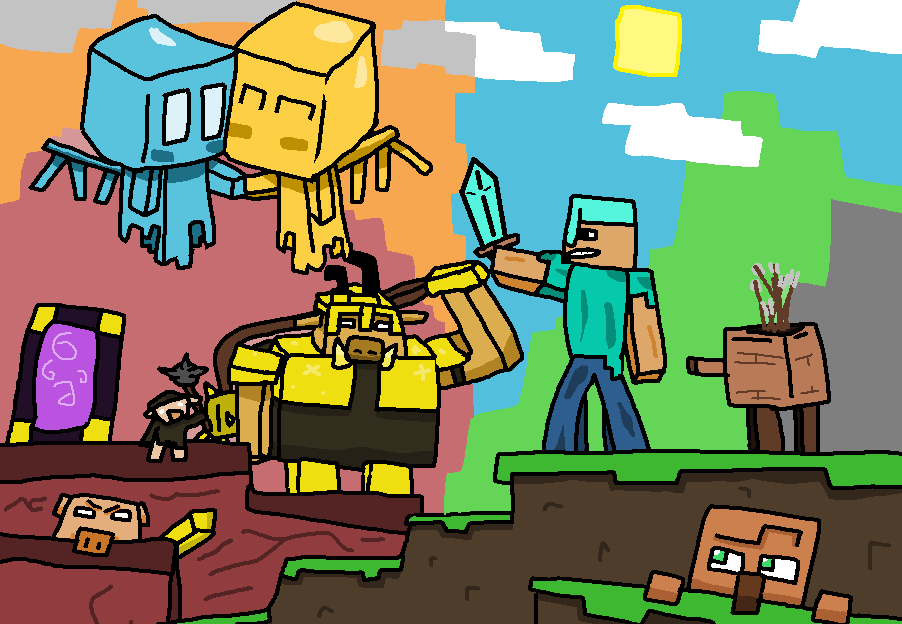 Digital drawing from Minecraft Legends with Steve wearing diamond armor,  some piglins, allay, and a hiding villager. 