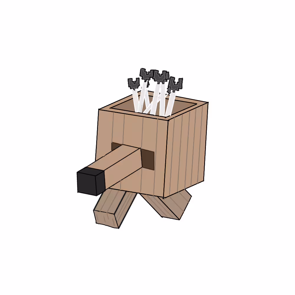 Digital drawing of a square wooden mob with arrows inside of it from the Minecraft Legends trailer