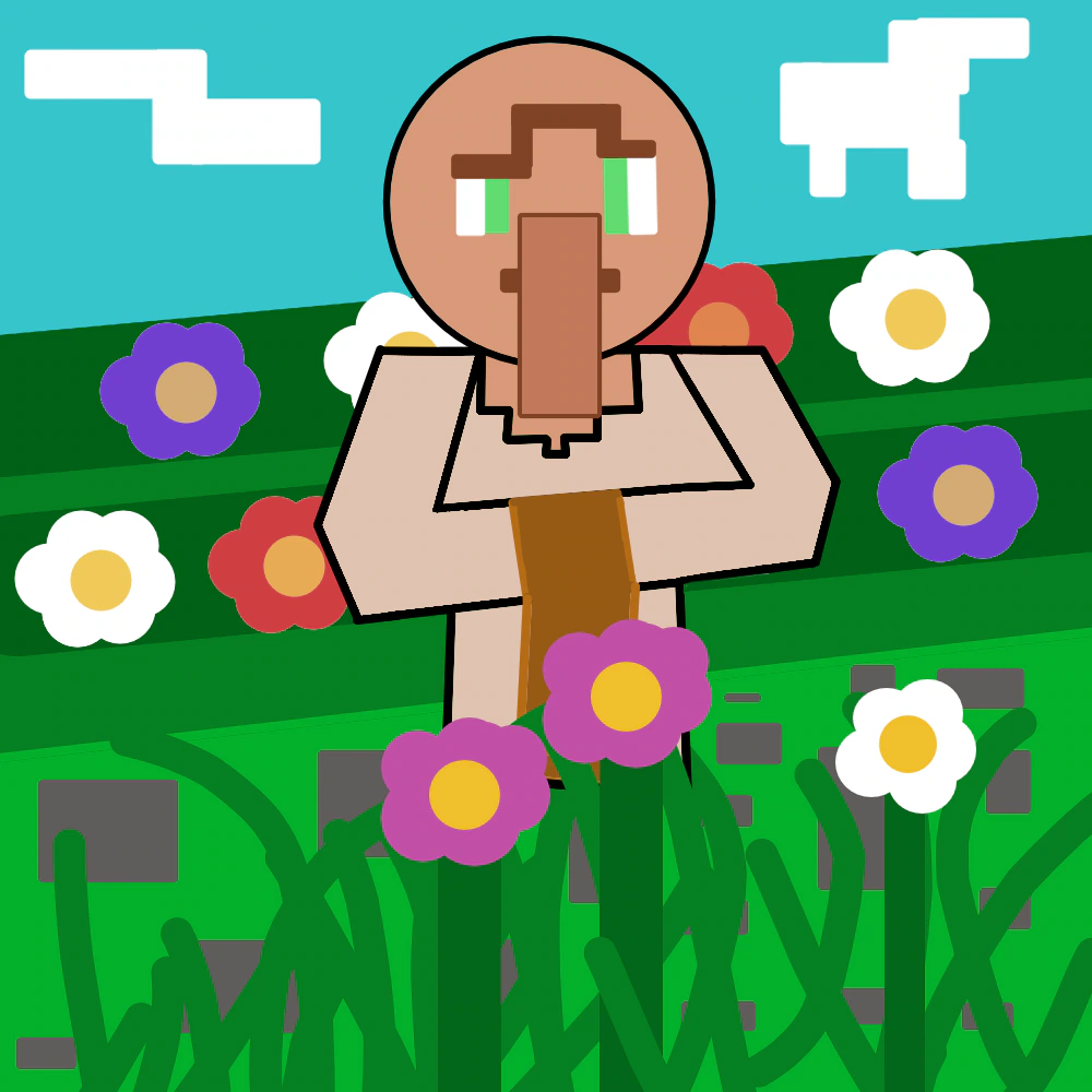 Digital art of a villager from Minecraft wearing tan robes, surrounding by multi-colored flowers, and a puzzled eyebrow.