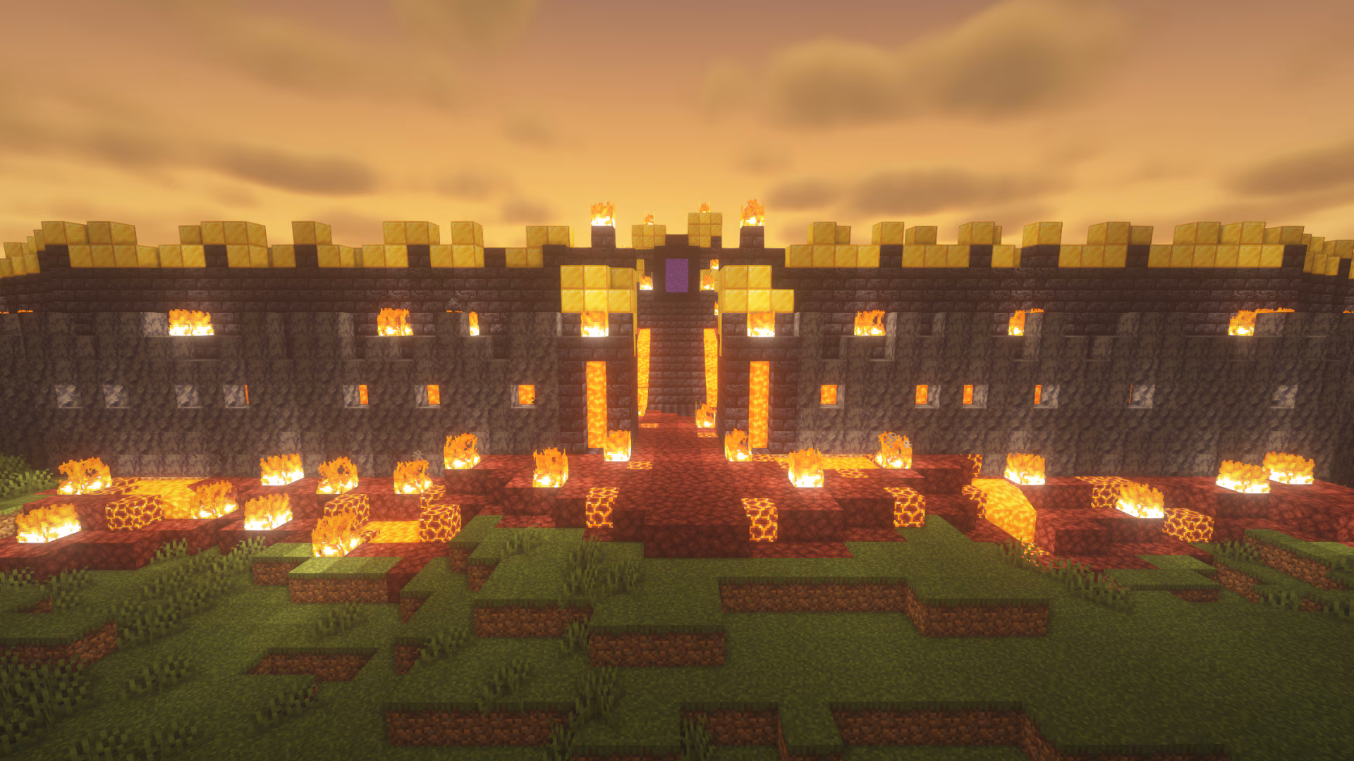 Image created in Minecraft of a scene from the Minecraft Legends trailer of a giant fortress wall made of stone with glowing orange and yellow blocks that resemble fire, with grassy surroundings and a glowing sky.