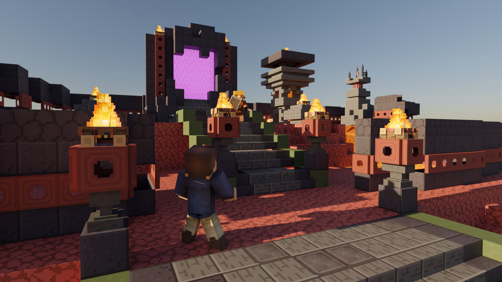 Image created in Minecraft of a staircase with an outdoor fortress, with Steve looking at the staircase with a portal at the top.