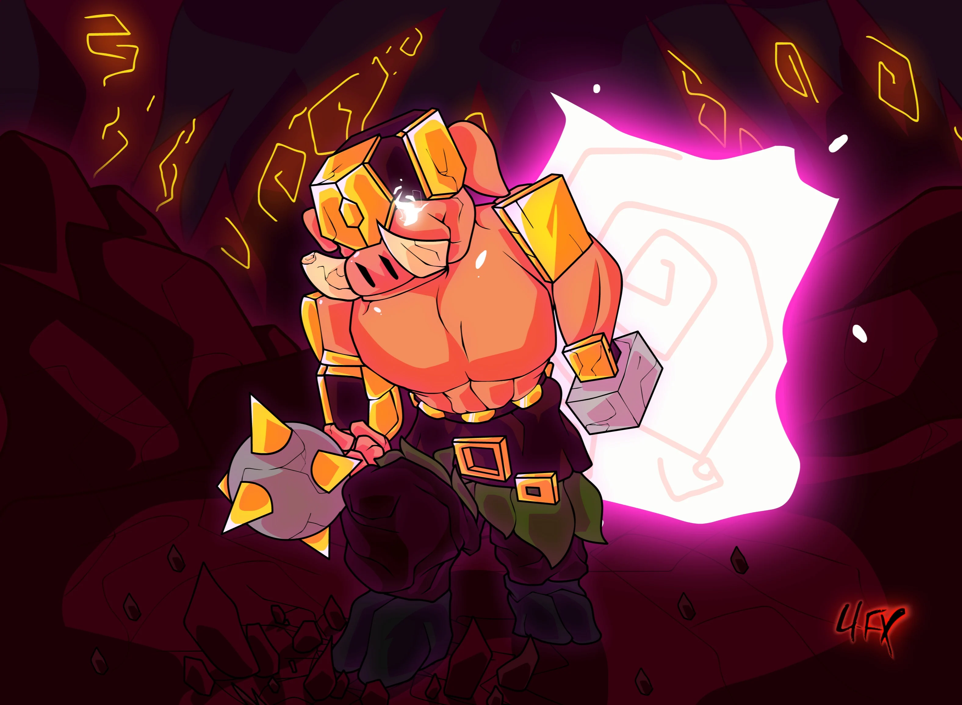 Digital drawing of a piglin smashing through a wall holding a large mace in its right hand with golden spikes on it