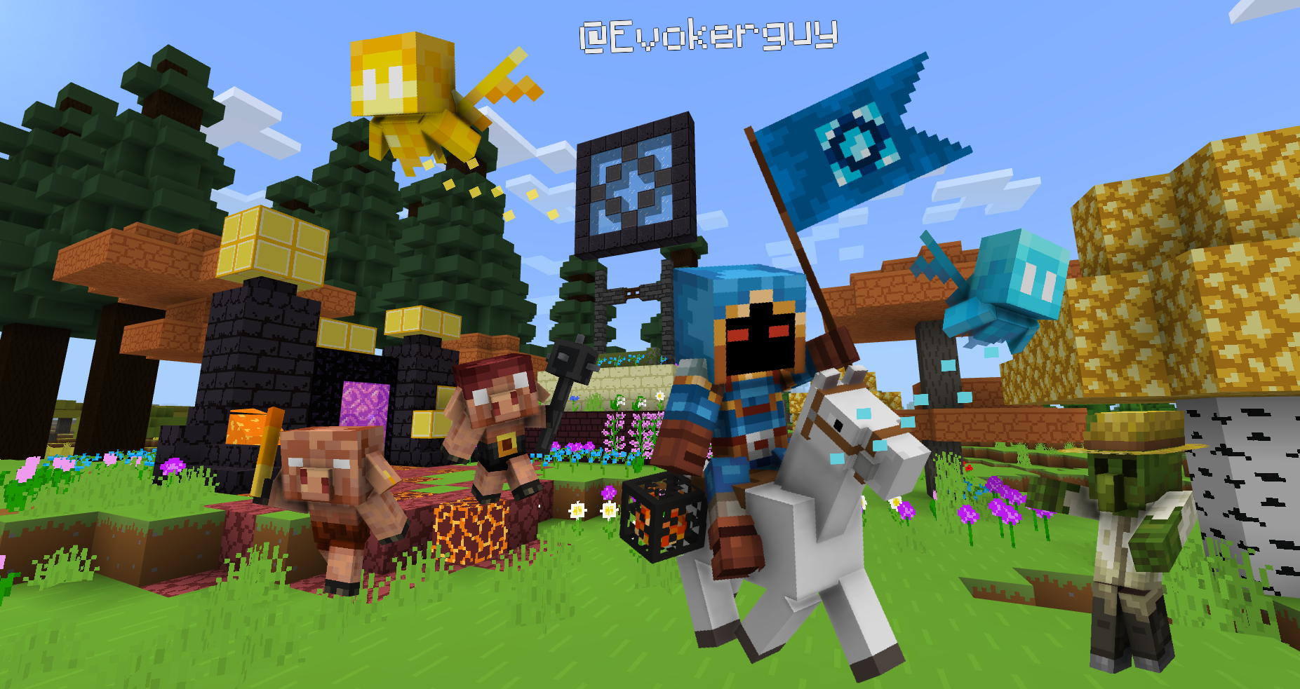 Image created in Minecraft of a rider on a horse carrying a banner throughout a forest, with a zombie to the left, some piglins on the right, and a yellow allay flying in the background.