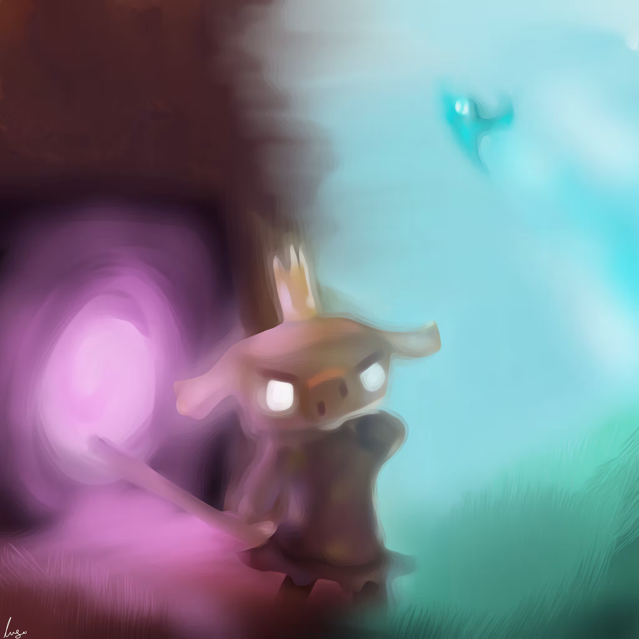 Digital drawing in a wispy, misty style of a piglin wearing a crown and holding a sword walking through a Minecraft portal