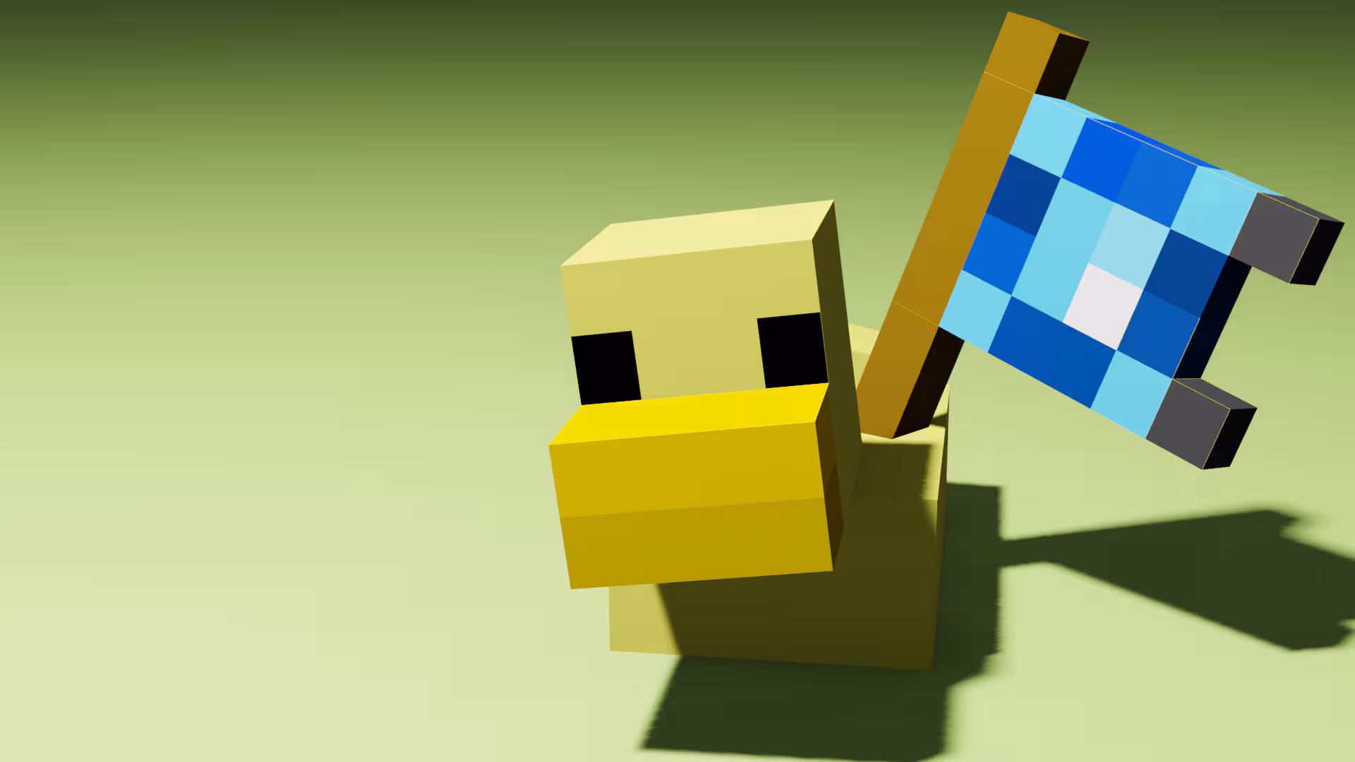 Digital image of a Minecraft duck holding a Minecraft Legends banner against a green ombre background.