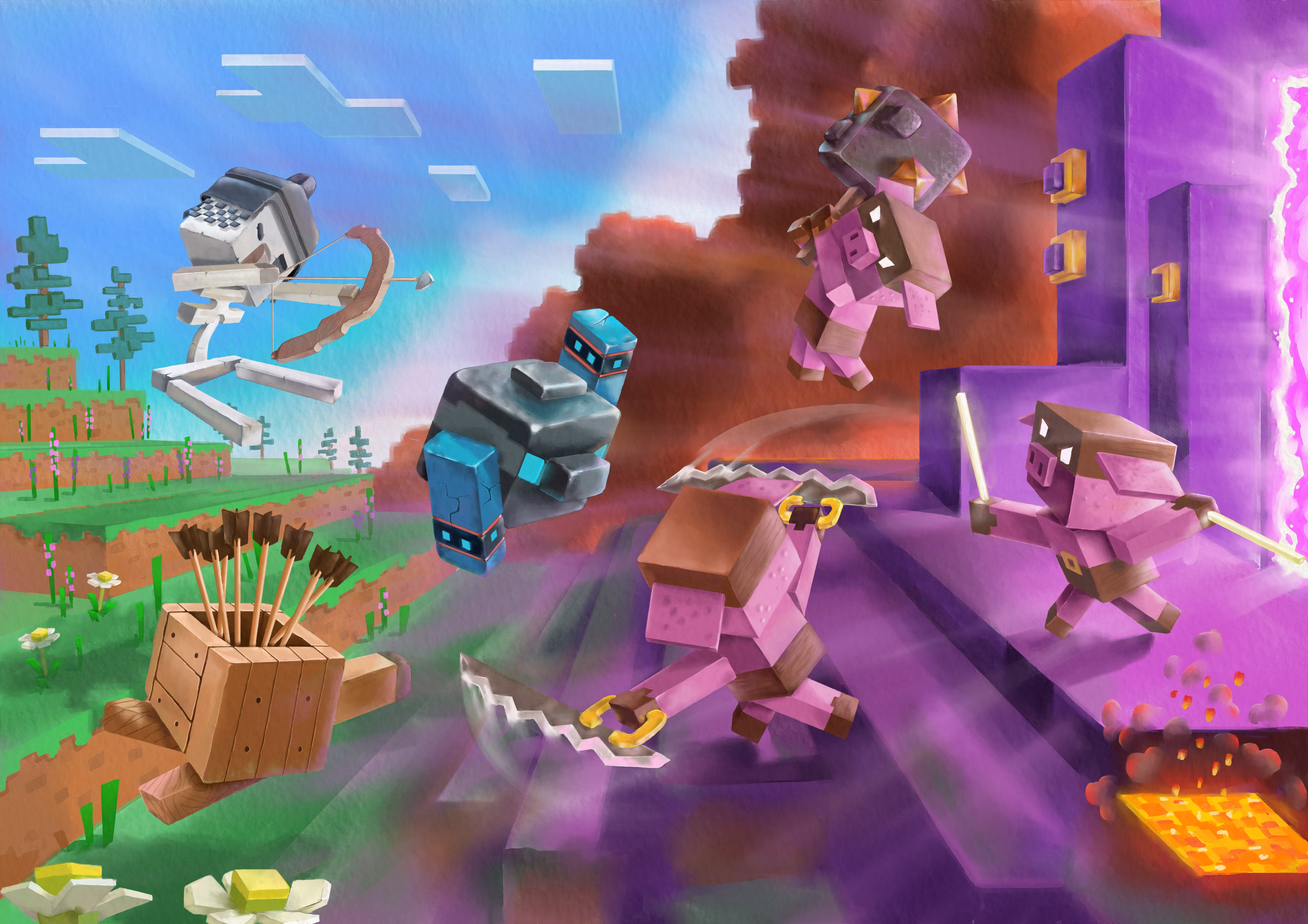 Digital drawing of characters from the video game Minecraft where three piglins are coming out of a glowing purple portal on the right with a skeleton archer leaping in the air on the left in attack