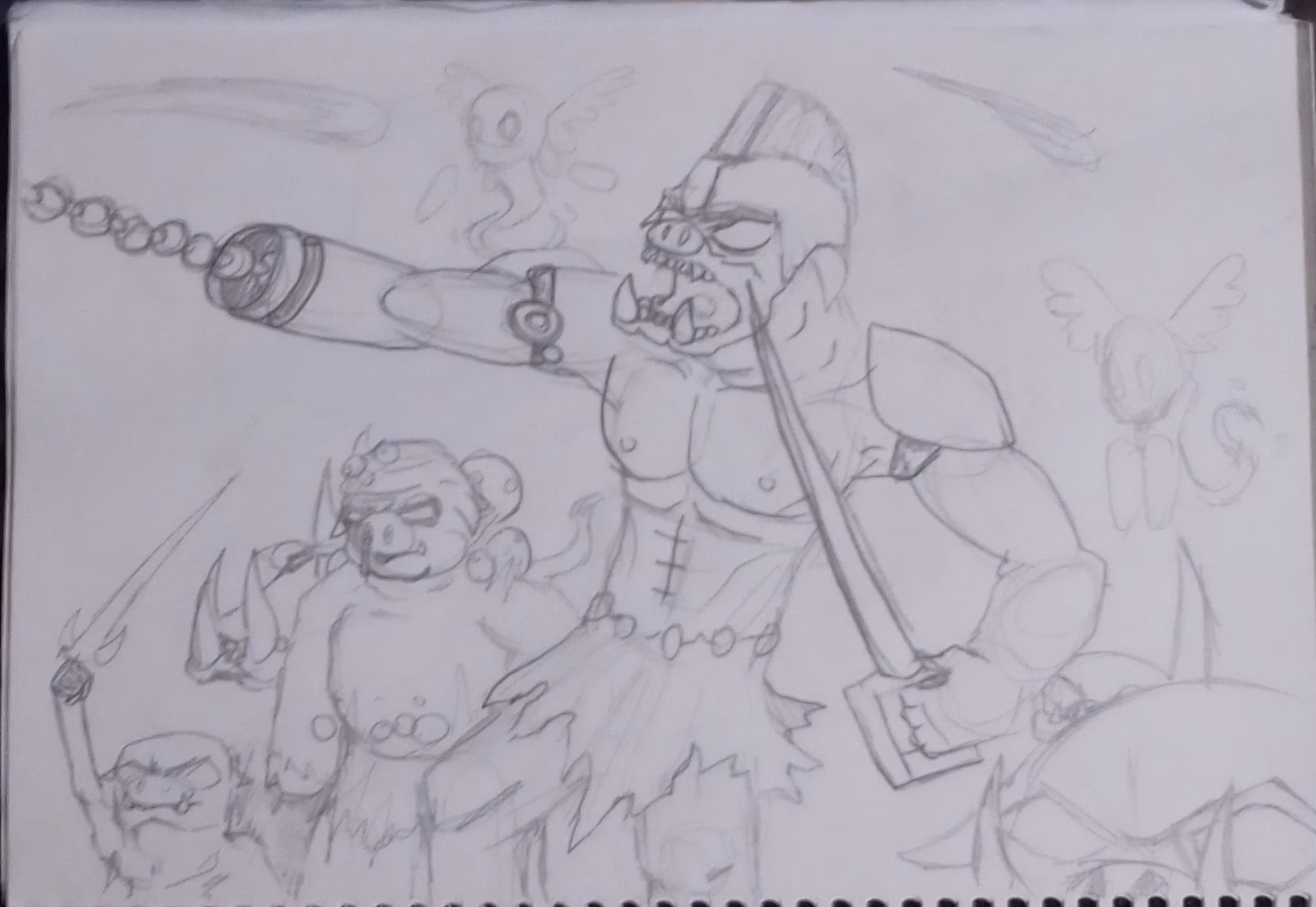 Pencil drawing of piglings from Minecraft holding various weapons like swords