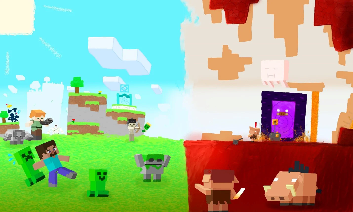 Digital drawing of characters from Minecraft preparing to battle against one another, with the heroes and their allies to the left, and the piglins and their fellow foes on the right. 