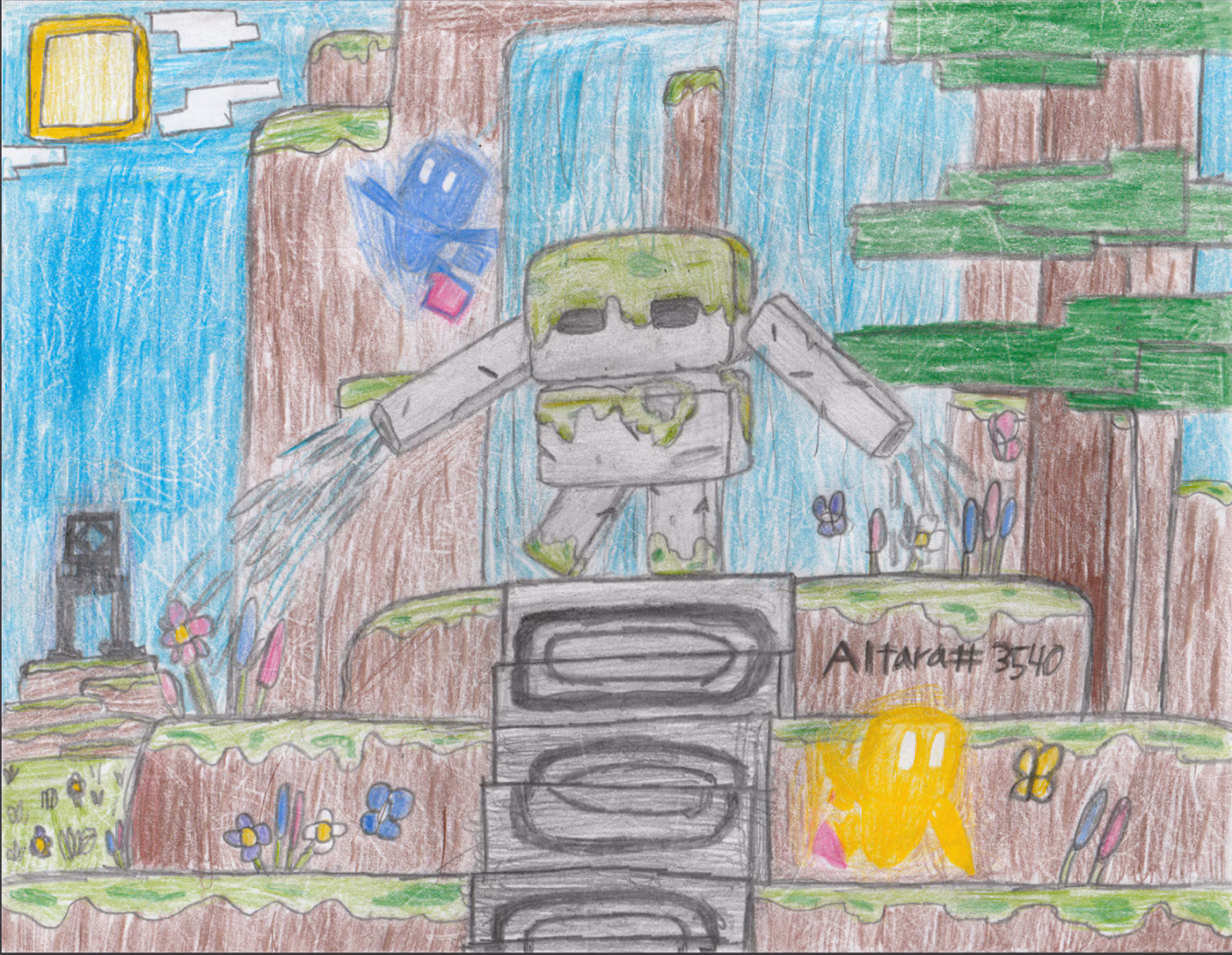 Pencil and crayon hand drawing of a large golem standing in a hilly forest scene against a pouring waterfall with some allay from Minecraft flying around.