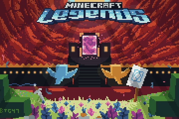Pixel art of the Minecraft Legends logo against a red sky, large portal, and two allay overlooking the scene