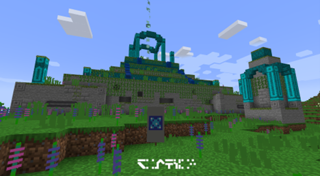 Image created in Minecraft of a scene from Minecraft Legends trailer where there are grassy hills with flowers and large open, towering structures made from various stones