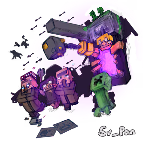 Digital drawing of Minecraft piglins pouring out of a large, glowing purple portal with villagers running in a panic along with a green creeper to the right