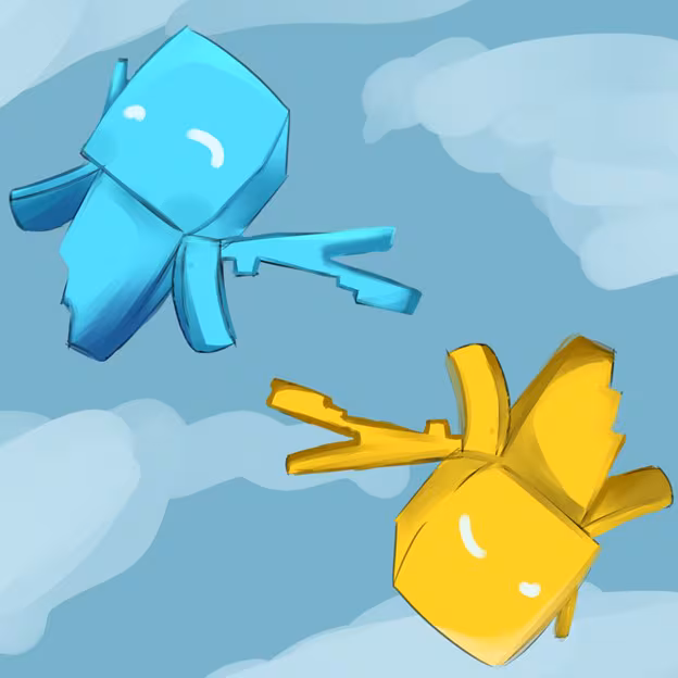 Digital drawing of two flying allays, one blue and one yellow, from Minecraft in the sky against a light blue background