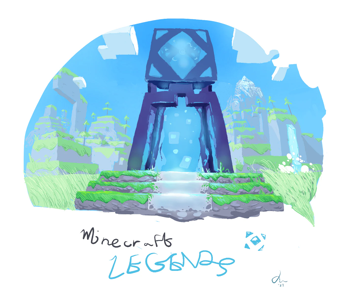 Digital drawing of a large structure from the Minecraft Legends trailer atop grassy steps against a bright blue sky 