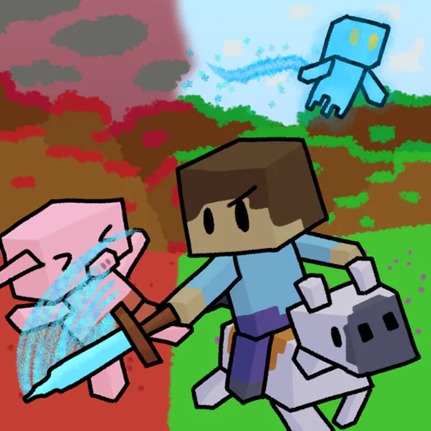 Digital drawing of a short brown haired male character from Minecraft riding a grey horse and swinging a sword at an enemy piglin